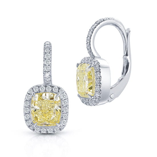 Light Fancy Yellow Cushion Cut Diamond and Micro Pave Earrings