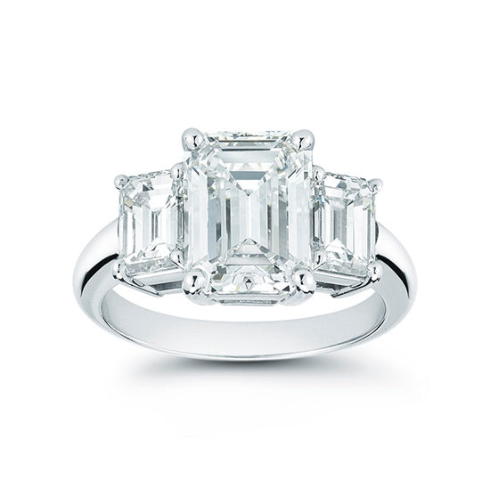 Platinum Three Stone Emerald Cut Ring | Marisa Perry by Douglas Elliott