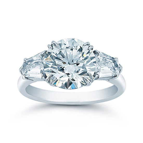 Three Carat Triple Excellent Round Diamond with Side Baguettes