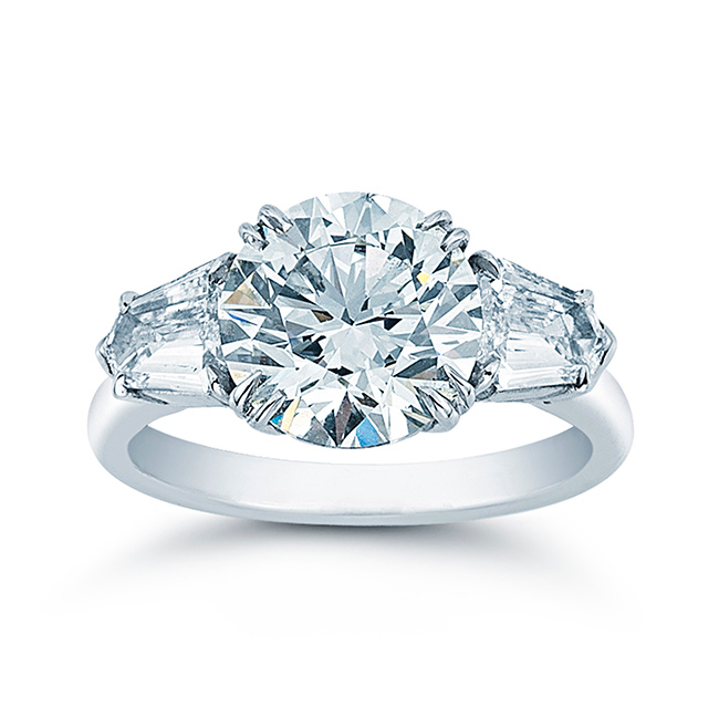 Three Carat Triple Excellent Round Diamond with Side Baguettes Three Carat Triple Excellent Round Diamond with Side Baguettes