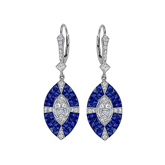 Art Deco Sapphire and Diamond Drop Earrings 18K White Gold Art Deco Sapphire and Diamond Drop Earrings 18K White Gold