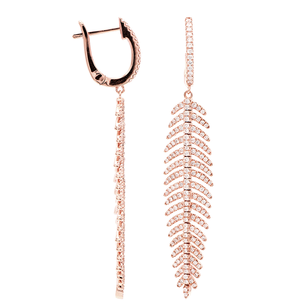 Feather Drop Earrings With Diamonds 18K Gold