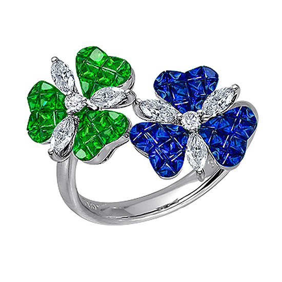 Flower Ring with Invisible Set Blue Sapphires and Tsavorite with Diamonds 18K White Gold Flower Ring with Invisible Set Blue Sapphires and Tsavorite with Diamonds 18K White Gold