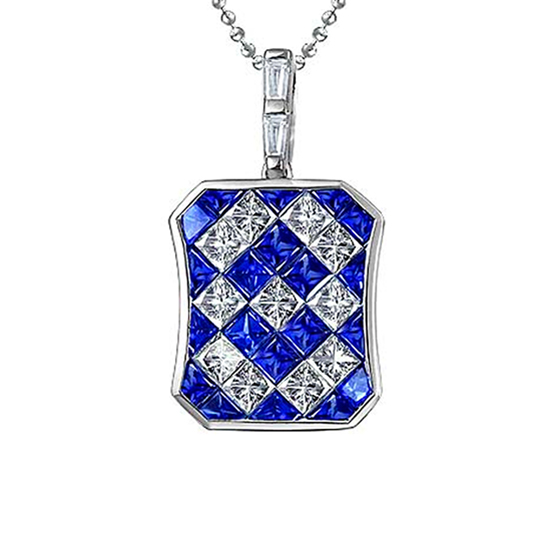 Blue Sapphire Diamond White Gold Invisible Set Pendant Necklace 18K White Gold Blue Sapphire Diamond White Gold Invisible Set Pendant Necklace 18K White Gold