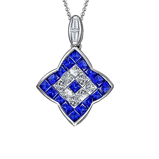 Invisible Set Blue Sapphire and Diamond Pendant Necklace 18K White Gold Invisible Set Blue Sapphire and Diamond Pendant Necklace 18K White Gold