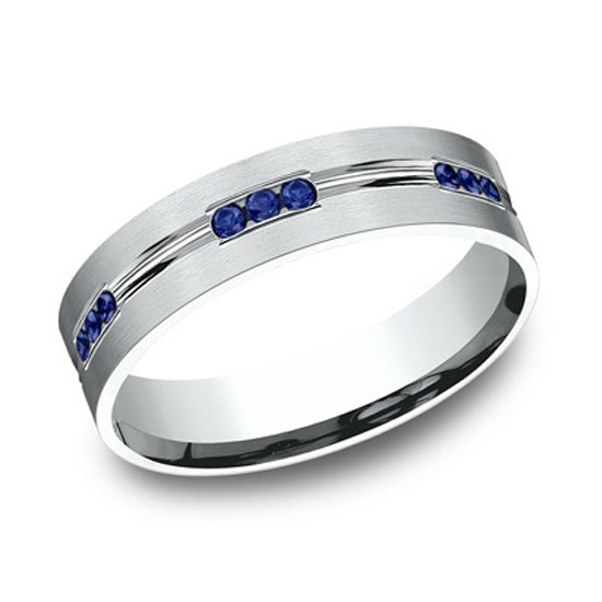 Comfort Fit Etched Channel Set Sapphire Eternity Band 14K White Gold
