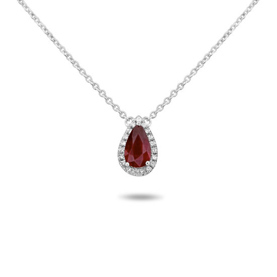 Pear-shaped Ruby Halo Necklace 18k White Gold