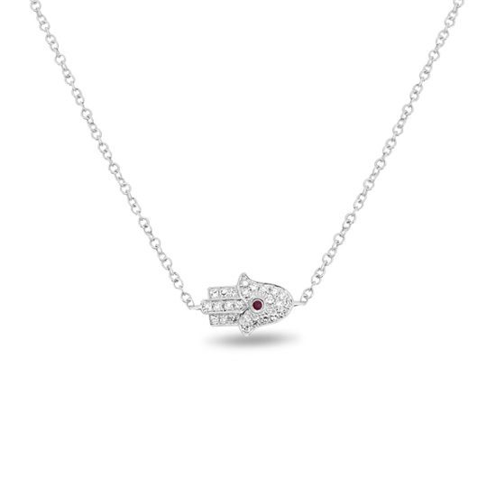 Ruby & Diamond Hamsa Necklace 14k White Gold