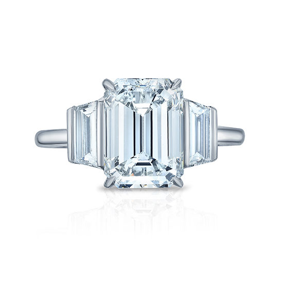 Emerald Cut Diamond Three Stone Ring With Trapezoids | Marisa Perry by Douglas Elliott