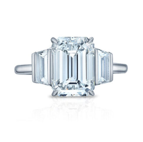 Emerald Cut Diamond Three Stone Ring With Trapezoids | Marisa Perry by Douglas Elliott