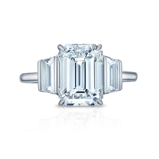 Emerald Cut Diamond Three Stone Ring With Trapezoids | Marisa Perry by Douglas Elliott Emerald Cut Diamond Three Stone Ring With Trapezoids | Marisa Perry by Douglas Elliott