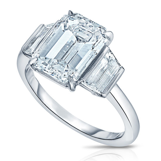 Emerald Cut Diamond Three Stone Ring With Trapezoids | Marisa Perry by Douglas Elliott