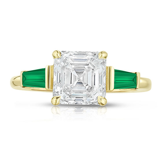 The Asscher Cut Three Stone Ring with Green Emerald Tapered Baguettes