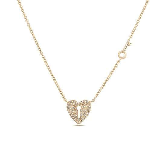 Heart Lock & Key Diamond Pave Necklace 14k Rose Gold