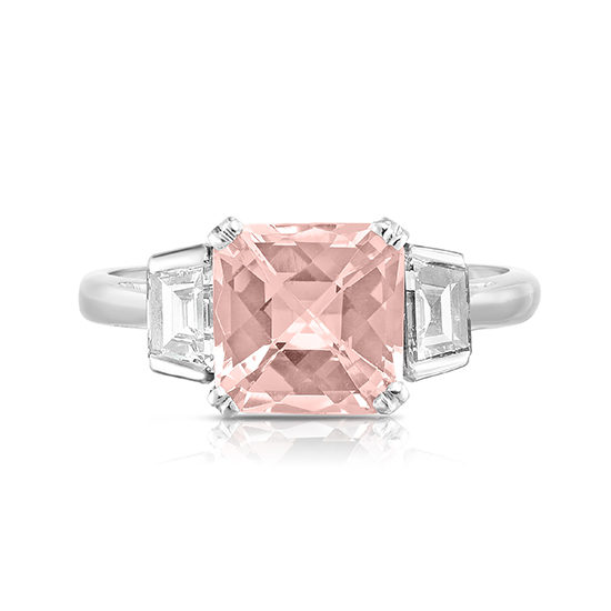 Three carat Radiant cut Morganite and Diamond Three Stone Ring | Marisa Perry by Douglas Elliott