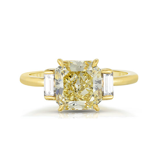 Fancy Yellow Radiant Diamond with Baguettes | Three Stone Diamond Engagement Ring | Marisa Perry By Douglas Elliott