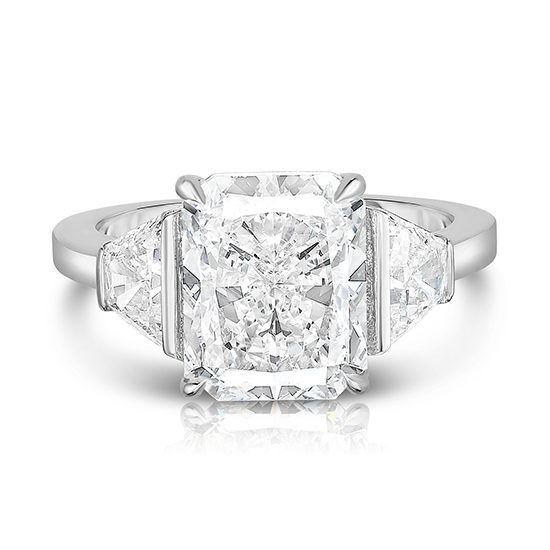 Radiant Cut Diamond Three Stone Ring with Trapezoids | Marisa Perry by Douglas Elliott