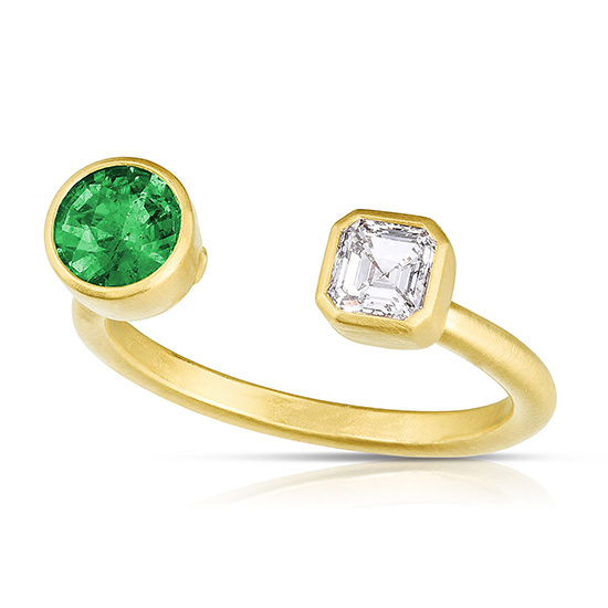 Round Emerald and Asscher cut Diamond Split Ring | Marisa Perry by Douglas Elliott