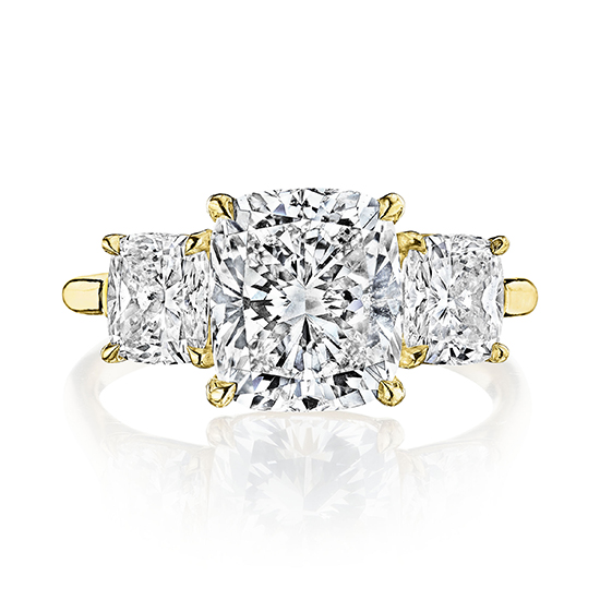 Three Stone Flush Fitting Cushion Cut Diamond Engagement Ring With Cushion side stones | Marisa Perry by Douglas Elliott