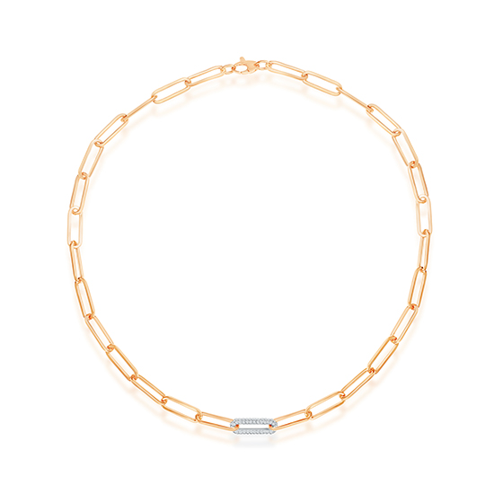 Paperclip Chain Necklace with Single Diamond Pavé Link 14k Gold