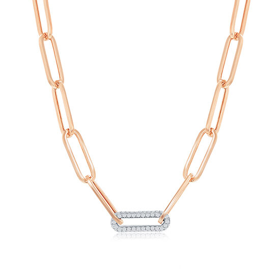 Paperclip Chain Necklace with Single Diamond Pavé Link 14k Gold