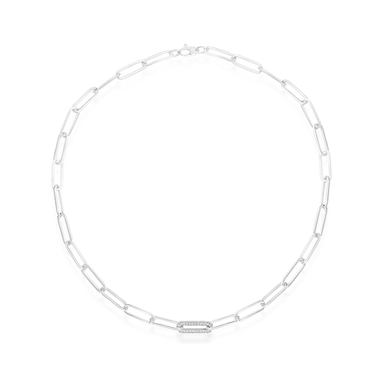 Paperclip Chain Necklace with Single Diamond Pavé Link 14k Gold