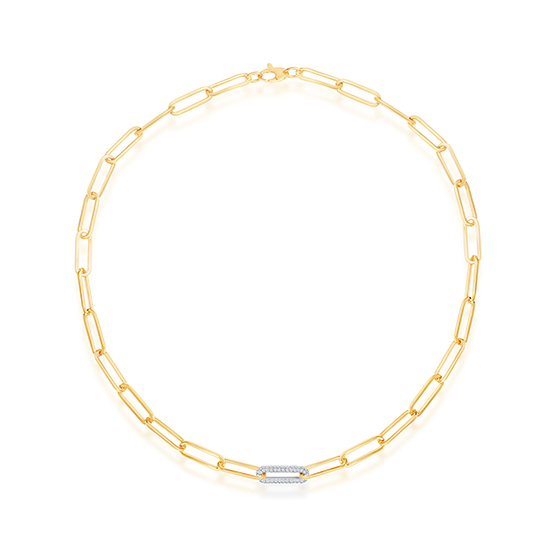 Paperclip Chain Necklace with Single Diamond Pavé Link 14k Gold