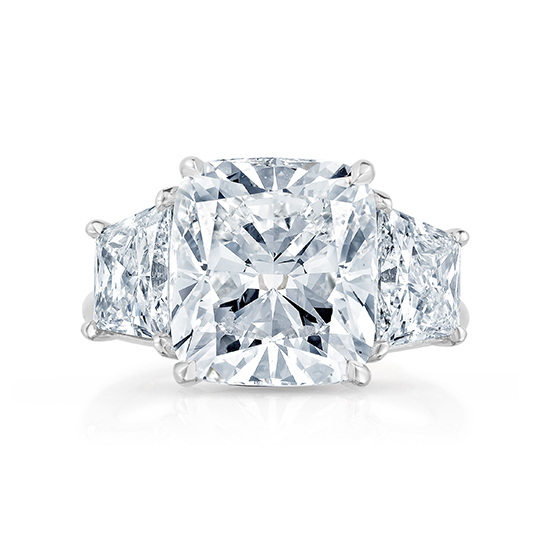 Three Stone Cushion Cut Engagement Ring with Brilliant cut Trapezoids