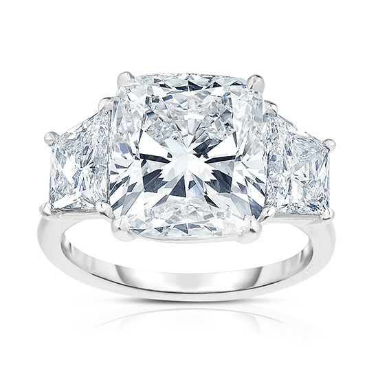 Three Stone Cushion Cut Engagement Ring with Brilliant cut Trapezoids