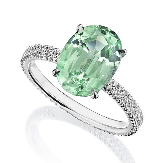 Striking Green Garnet Engagement Ring with Double Row Pave