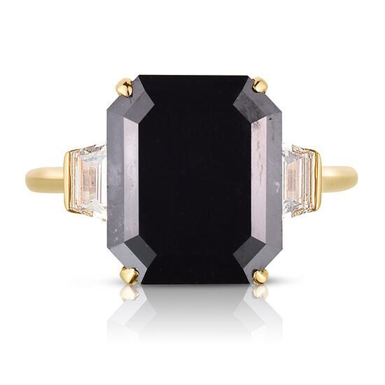 Emerald Cut Black Diamond Three Stone Ring with Trapezoids