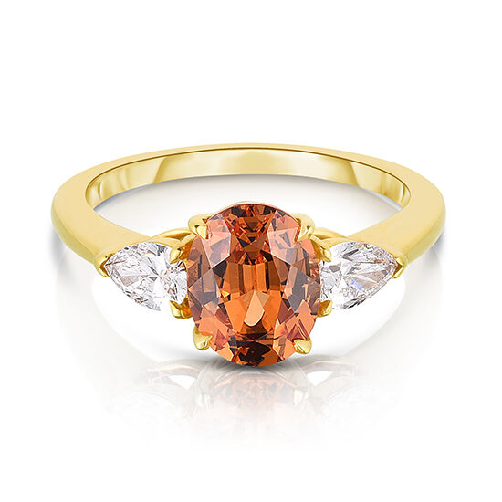 Oval Mandarin Garnet Three Stone Engagement ring with Pear side stones 18K Yellow Gold