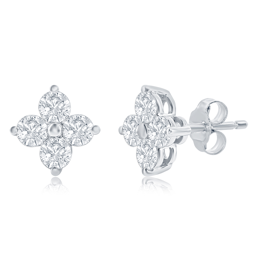 4 Petal Diamond Cluster Stud Earrings 14k Gold