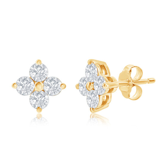 4 Petal Diamond Cluster Stud Earrings 14k Yellow Gold