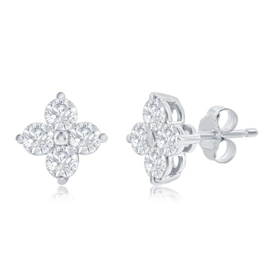 4 Petal Diamond Cluster Stud Earrings 14k White Gold
