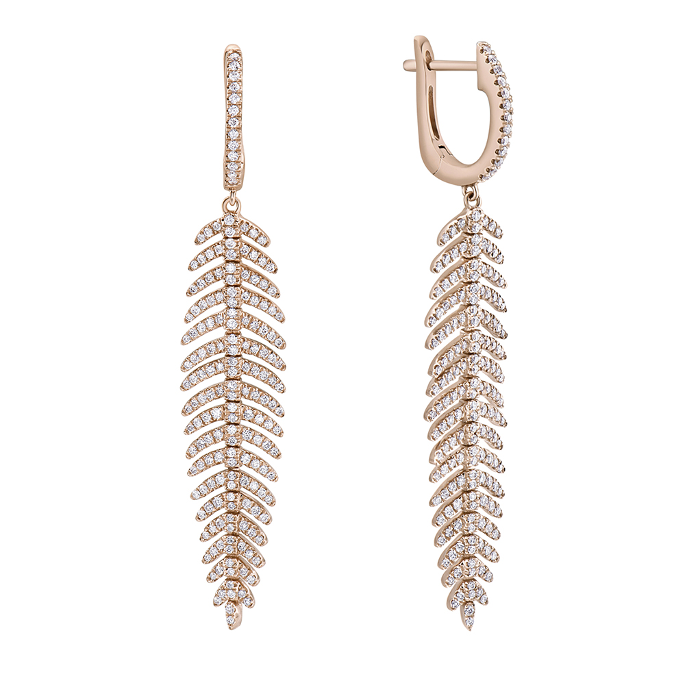 Micro Pave Feather Drop Earrings in 14k Gold