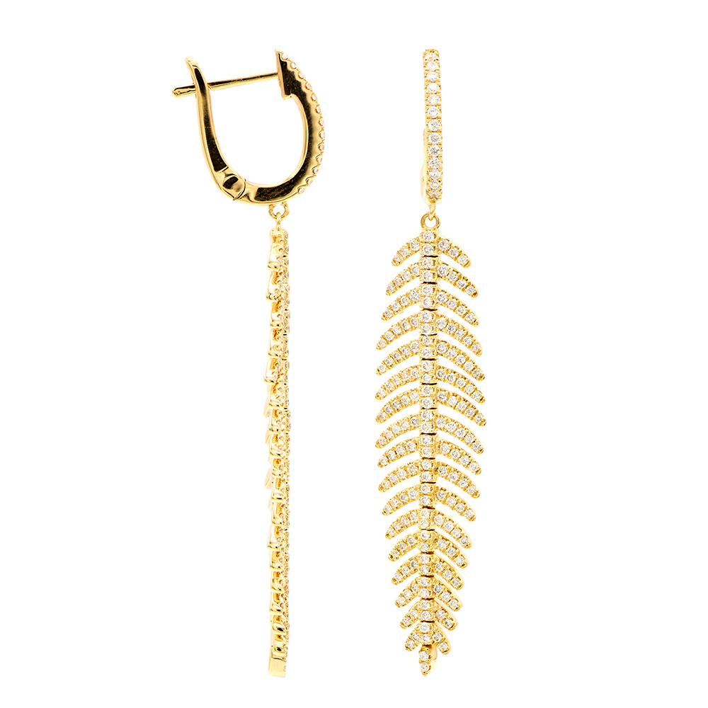 Micro Pave Feather Drop Earrings in 14k Gold