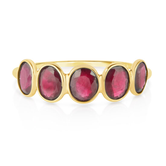 Five Stone Cabochon Style Ruby Band 18k Yellow Gold