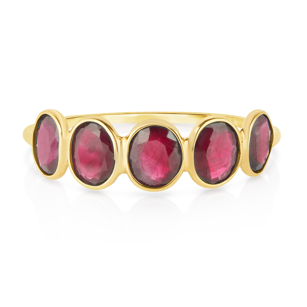 Five Stone Cabochon Style Ruby Band 18k Yellow Gold