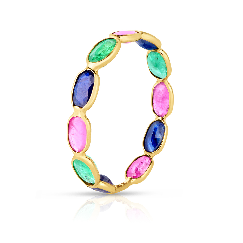 Rose Cut Multi Gem Band 18k Yellow Gold