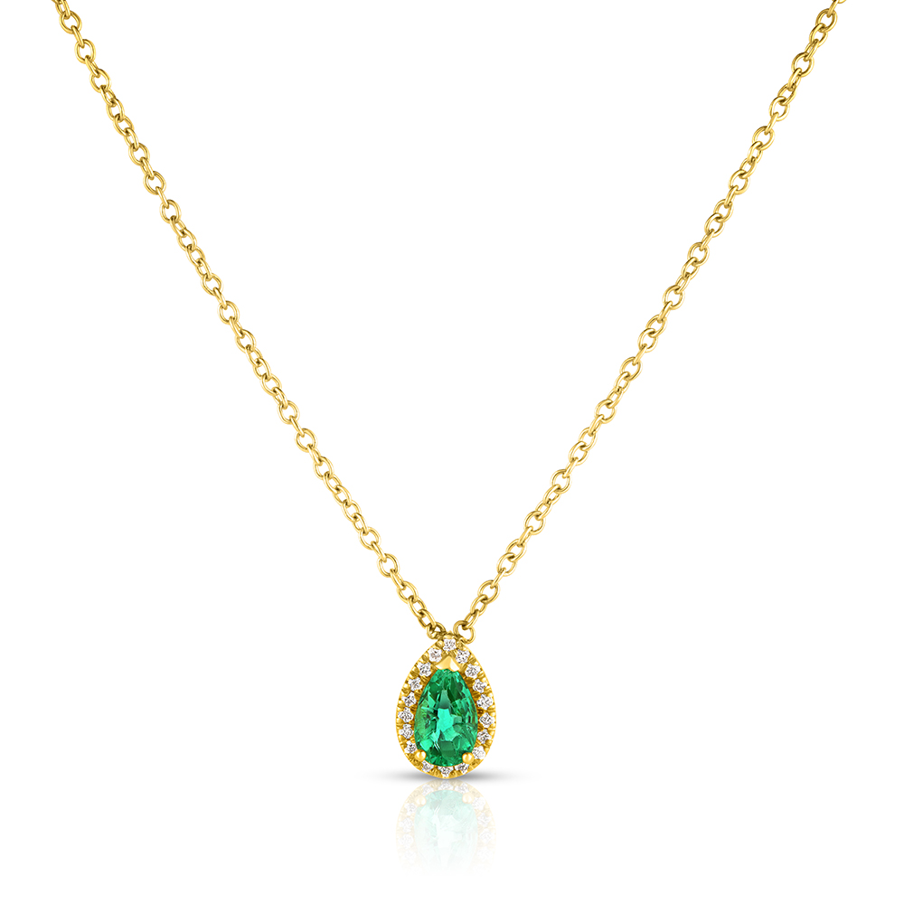 Green Emerald Pear Shape Pendant with a Diamond Halo 18k Yellow Gold