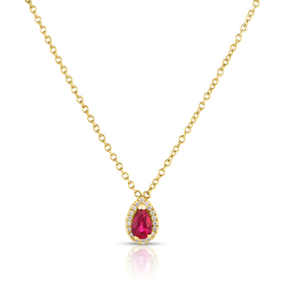 Pear Shape Ruby Pendant with a Diamond Halo 18k Yellow Gold