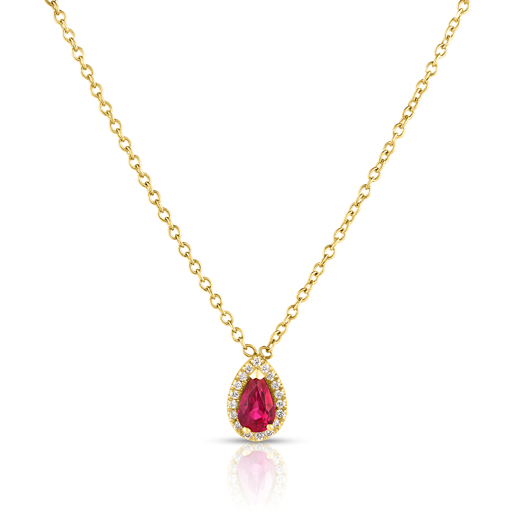 Pear Shape Ruby Pendant with a Diamond Halo 18k Yellow Gold