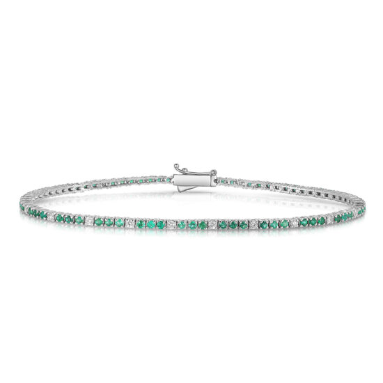 Green Emerald and Diamond Tennis Bracelet 18k White Gold