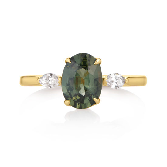 Oval Green Sapphire with Marquise Diamonds 3 Stone Ring | Marisa Perry by Douglas Elliott