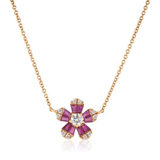 Ruby and Diamond Flower Necklace 14k Rose Gold