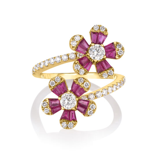 Ruby and Diamond Flower Ring 14k Yellow Gold