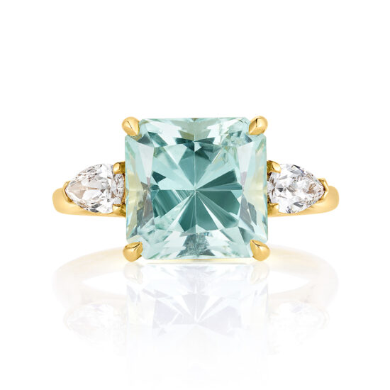 Pale Blue-Green Princess Cut Tourmaline Three Stone Ring with Pear Shape Diamond Side Stones 18K Yellow Gold | Marisa Perry by Douglas Elliott
