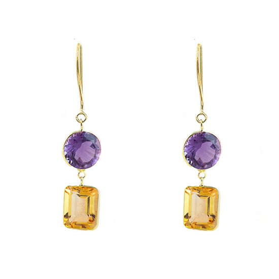 18K Yellow Gold Earrings with Amethysts and Citrines