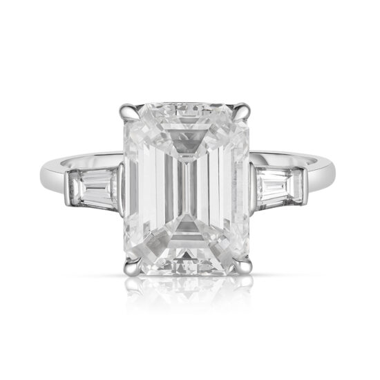 Flush Fitting Emerald Cut Three Stone Ring with Tapered Baguettes | Marisa Perry by Douglas Elliott